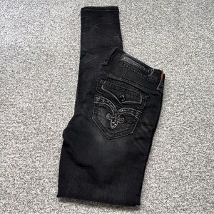 Women’s Rock Revival Dark Wash Black Distressed Beliss Skinny Jeans Size 26x32